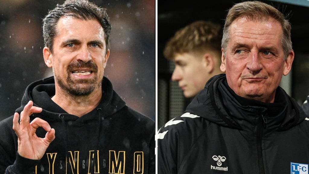 Thomas Stamm, Cheftrainer von Dynamo Dresden (li.), und Petrik Sander Coach vom 1. FC Magdeburg.