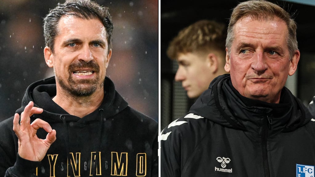 Thomas Stamm, Cheftrainer von Dynamo Dresden (li.), und Petrik Sander Coach vom 1. FC Magdeburg.