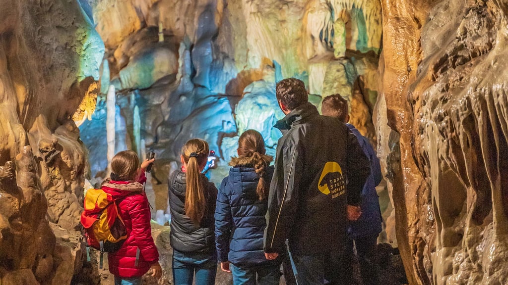 Für kleine Höhlenforscher geht es bei einer Führung mit Helm und Taschenlampe durch die Tropfsteinhöhlen in Rübeland.