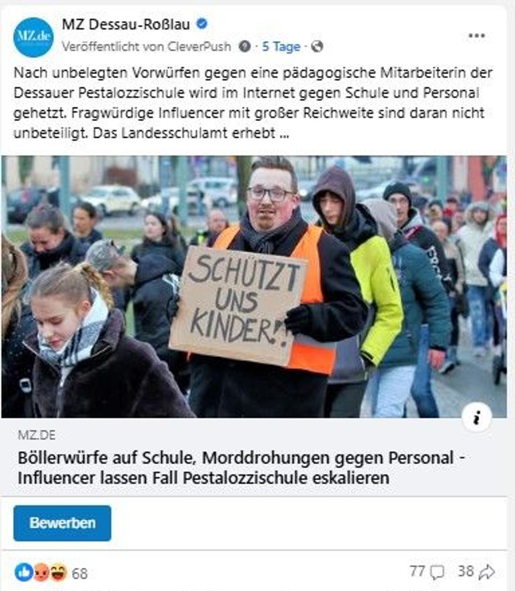 Der Facebook-Post zum Fall der Dessauer Pestalozzischule.