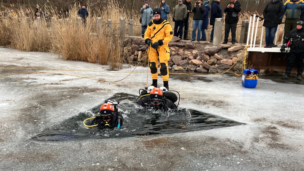 Der Tauchclub Orca Halle hat den gefrorenen Hufeisensee am Wochenende zum Eistauchen genutzt.