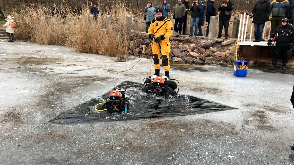 Der Tauchclub Orca Halle hat den gefrorenen Hufeisensee zum Eistauchen genutzt.