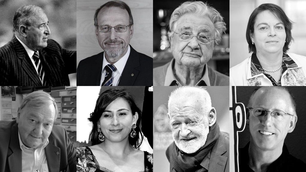 Prominente Todesfälle 2026: oben.v.l.: Dimitar Penew, Roland Schäfer, Hans Herrmann, Kathlen Muxel; u.v.l.: Erich von Däniken, Victoria Jones, Bela Tarr, Scott Adams