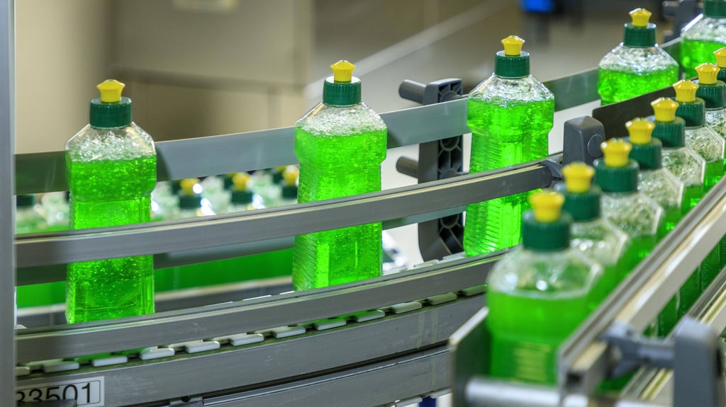 Spühlmittelflaschen laufen in der Produktion des Herstellers Fit über das Band.