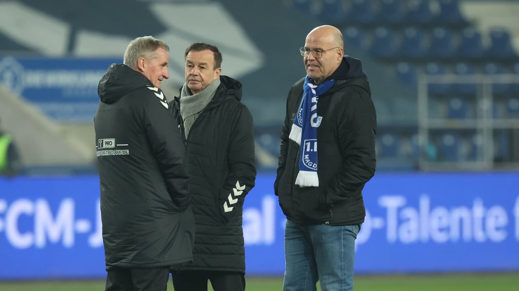 Egal, ob Trainer Petrik Sander (v. l.), Sportchef Otmar Schork oder Präsident Dr. Jörg Biastoch: Zu den Vorfällen vom vergangenen Wochenende möchte sich weiterhin niemand vom FCM öffentlich äußern.