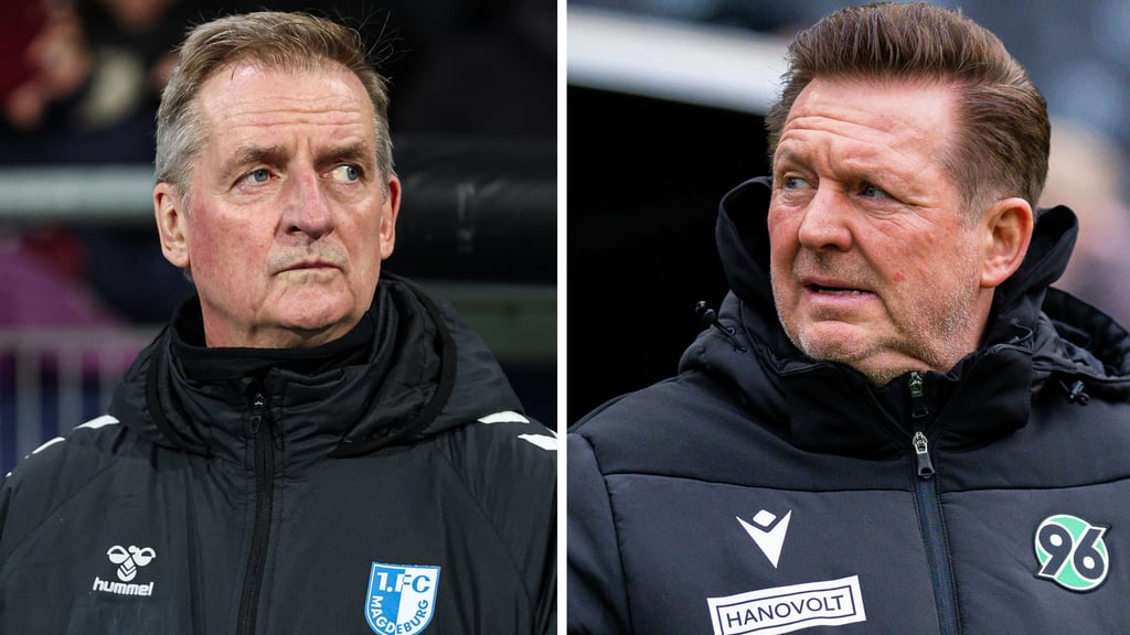 FCM-Cheftrainer Petrik Sander (li.) und Ex-Magdeburger und heutiger Coach von Hannover 96, Christian Titz.