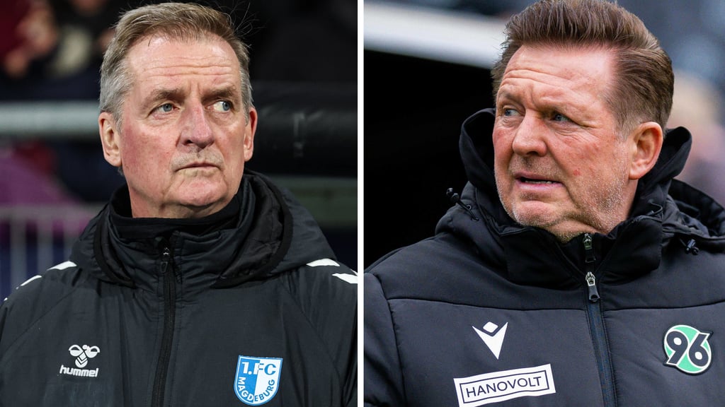 FCM-Cheftrainer Petrik Sander (li.) und Ex-Magdeburger und heutiger Coach von Hannover 96, Christian Titz.