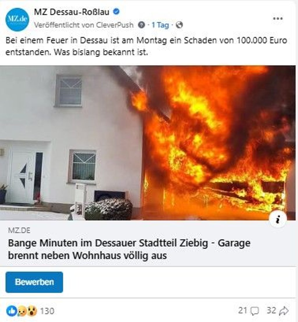 Der Facebook-Post zum Garagenbrand in Dessau-Ziebigk. 
