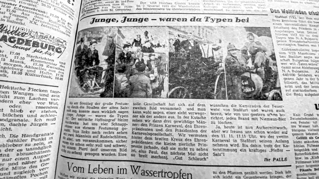 Der große Stadtkarneval 1956: Im kältesten Februar seit Beginn der Wetteraufzeichnung, bei minus zehn Grad und weniger, feierte Staßfurt vier Tage lang Karneval. Ein Jahr zuvor stellte Bürgermeister Paul Bäker mit dem dazugehörigen Organisationsausschuss die Weichen für den Neubeginn.