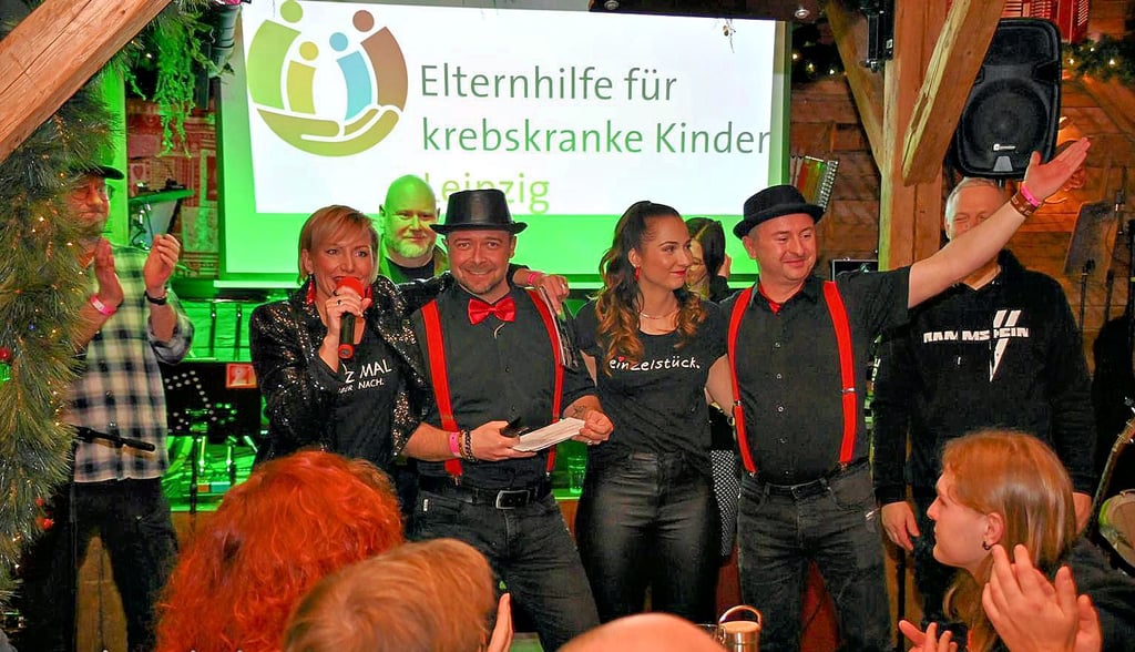 Die Musiker von Anundfürsich & Friends stehen beim vierten Benefizkonzert gemeinsam auf der Bühne der Bitterfelder Seensuchtsalm.