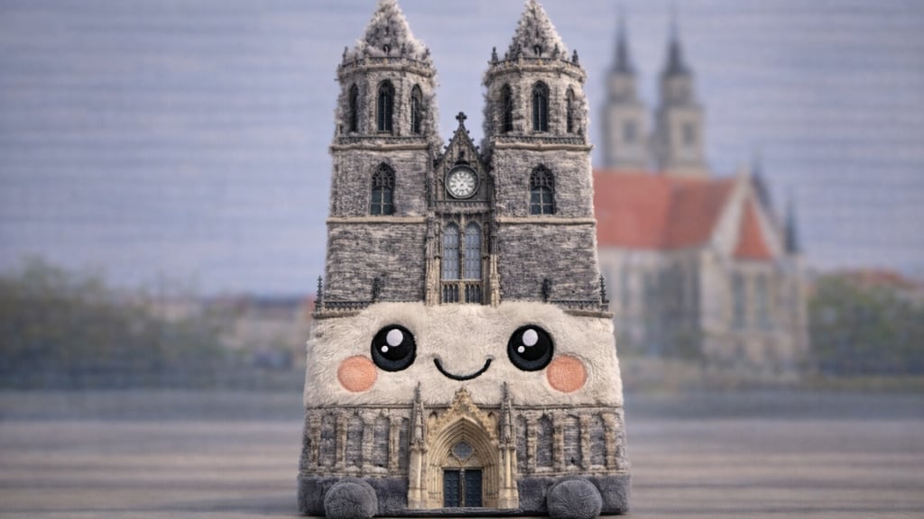 Dieses Foto wurde mit einer KI generiert: Der Magdeburger Dom als Plüschtier.