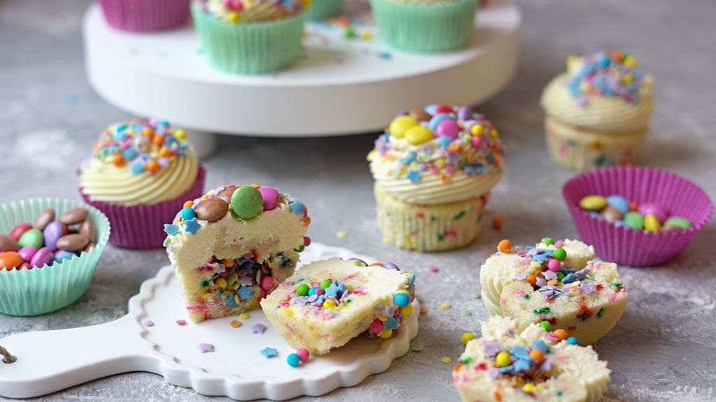 Bei den Funfetti Cupcakes von Food-Bloggerin Mareike Pucka sind die Streusel nicht nur obendrauf, sondern überraschen auch im Innern - so erinnern sie an Konfetti.
