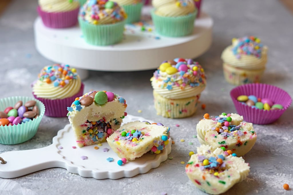 Bei den Funfetti Cupcakes von Food-Bloggerin Mareike Pucka sind die Streusel nicht nur obendrauf, sondern überraschen auch im Innern - so erinnern sie an Konfetti.