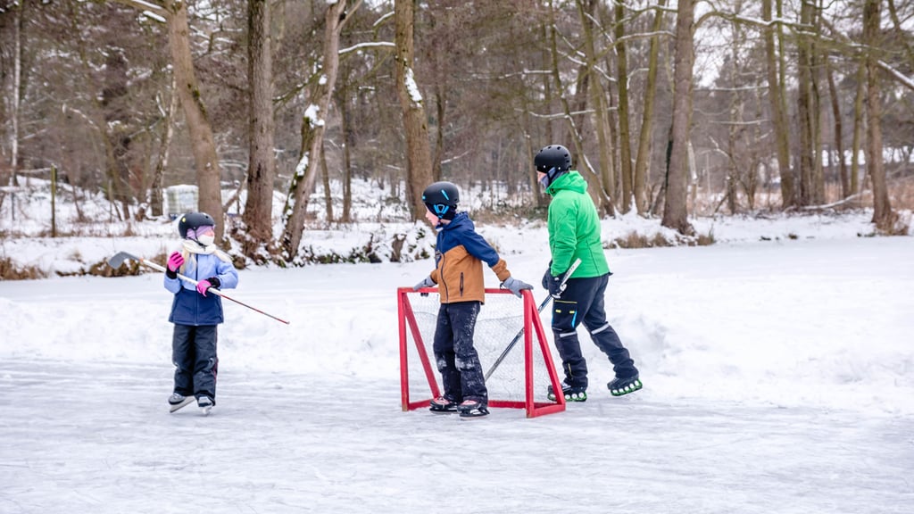 Mit Schlägern und Puck auf dem Eis: Auf dem Dorfteich in Radis wird am Montag Eishockey gespielt.