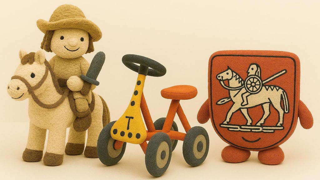 Dieses Bild wurde mit Künstlicher Intelligenz erstellt: Der Reitende Roland, ein Liliput mit vier Rädern anstelle von drei, und das Wappen des Landkreises Börde sind als Plüschtier zu sehen.