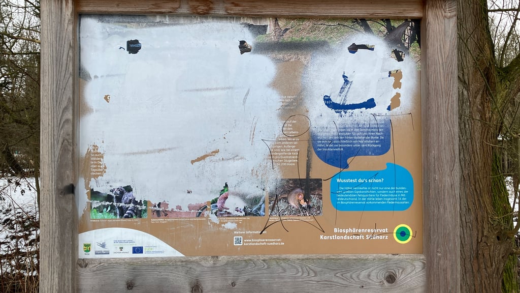 Die beschmierte Infotafel am Thyra-Rundweg zwischen Berga und Bösenrode. 