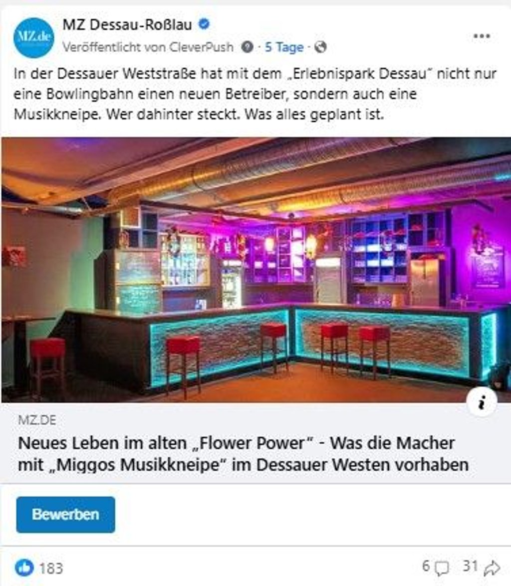 Der Facebook-Post zur neuen Musikkneipen im Dessauer Westen.