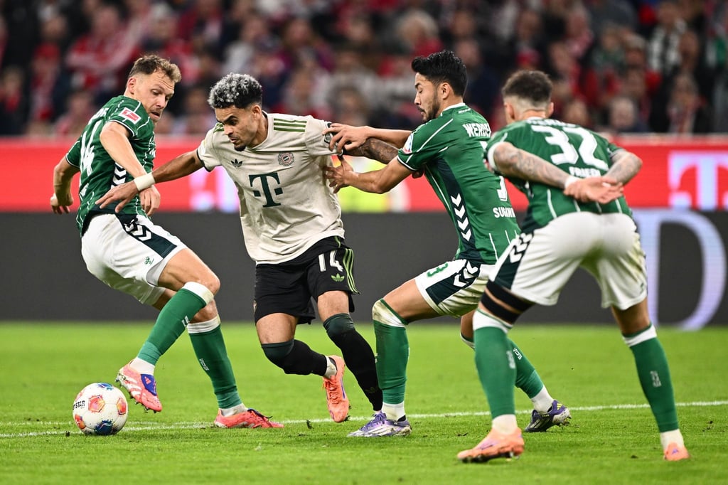 Jagd auf die Bayern? Die Werder-Spieler Senne Lynen (l) und Yukinari Sugawara bedrängen den Münchner Profi Luis Diaz.