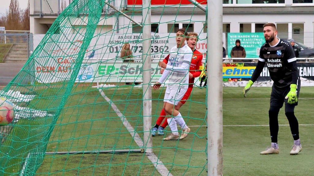 Zum dritten Mal fliegt der Ball ins Netz des VfB Sangerhausen. Torhürter Darius Triebel kann der Kugel nur noch hinterhersehen. 