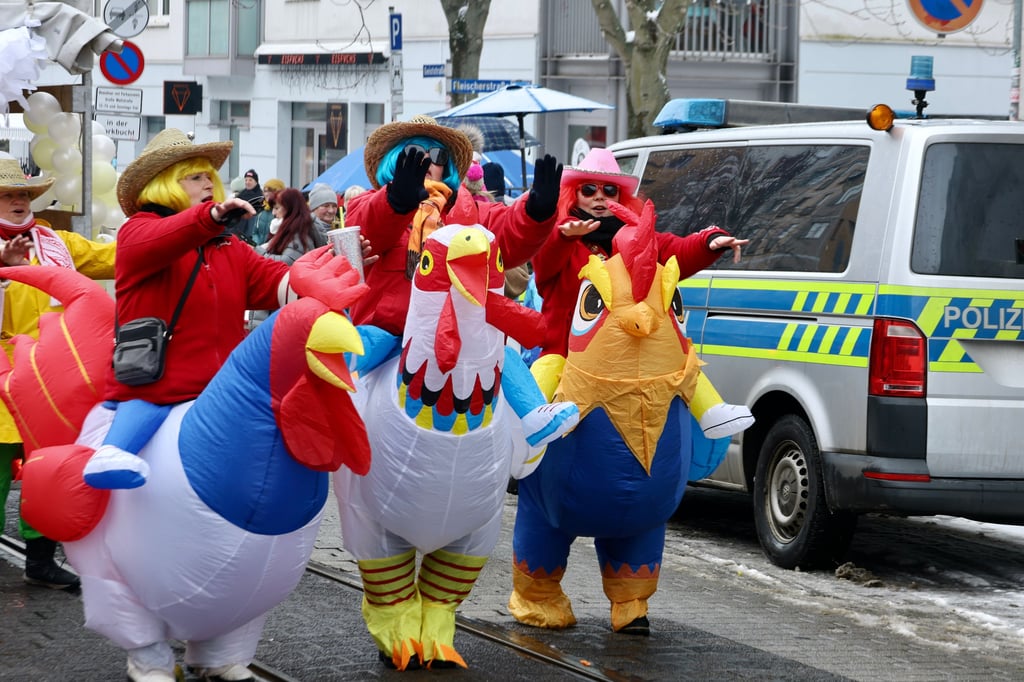 Wo sind all die Hühner? Bunt sind die Kostüme beim Rosenmontagszug durch Halle.