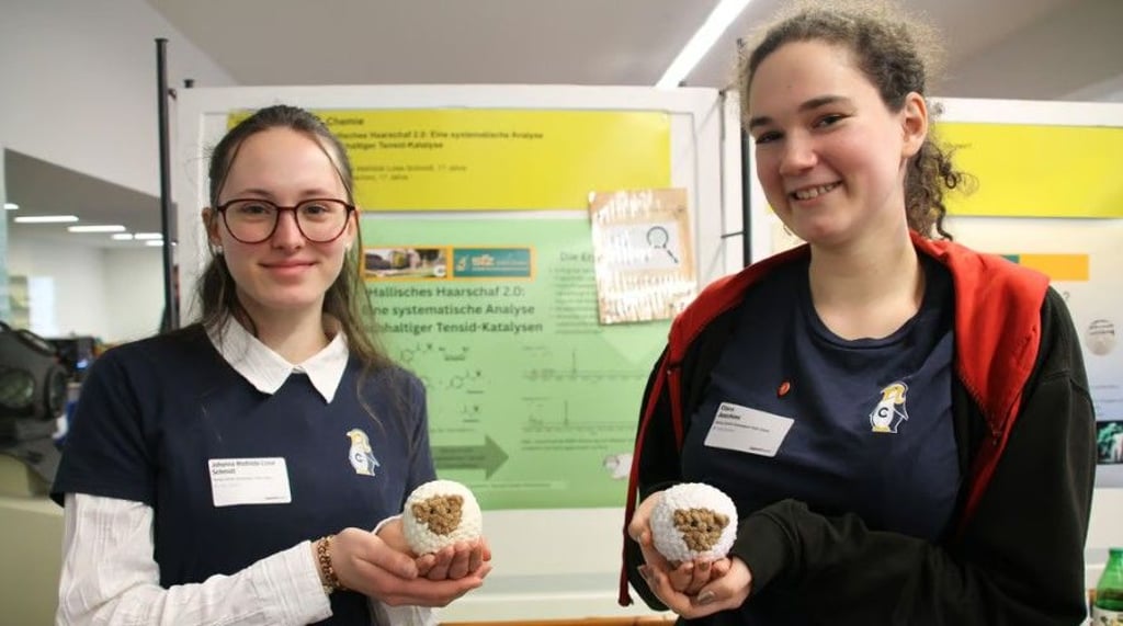 Johanna Mathilda Luise Schmidt und Clara Joachimi (von links) untersuchten aus Schafwolle gewonnene Tenside. Diese Substanzen kommen im Waschmittel zum Einsatz und werden oft aus Erdöl gewonnen.&nbsp;