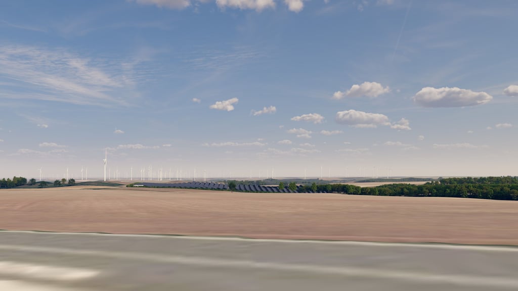 Die Visualisierung zeigt, wie es aussehen könnte: Blick auf den Solarpark von der Turmwindmühle Endorf (Harz)  aus, die ein beliebtes Ausflugsziel ist. 
