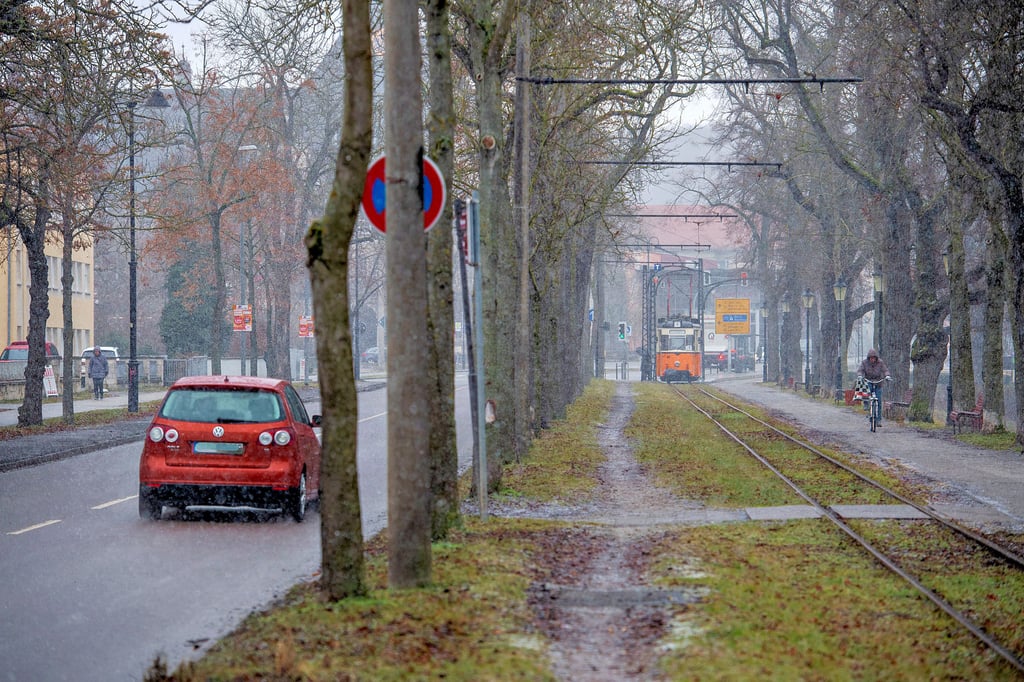 Bisher waren Radfahrer am Naumburger Marienring auf dem je nach Wetter matschigen oder holprigen Radweg (Bildmitte)  oder sogar auf dem Fußweg unterwegs.