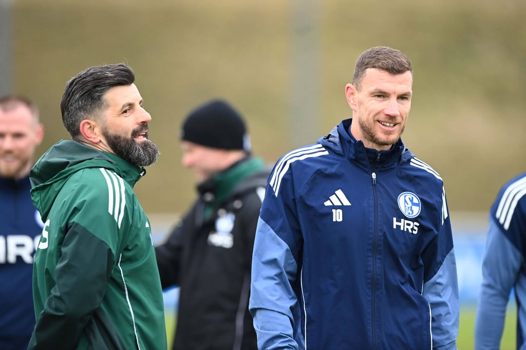 Schalke-Trainer Miron Muslic (l.) schwärmt vor dem Heimspiel gegen den 1. FC Magdeburg von seinem Stürmer Edin Dzeko.