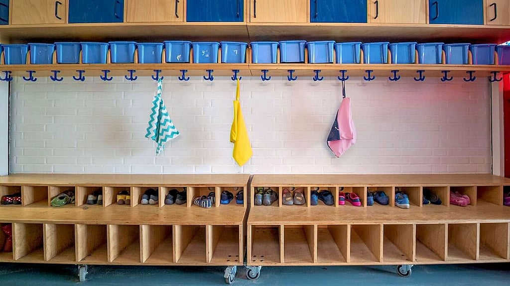  Eine leere Garderobe in einer Kita