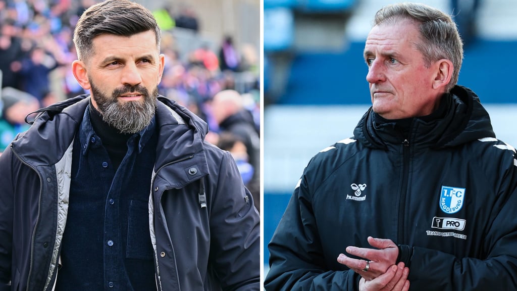 Miron Muslic (Cheftrainer vom FC Schalke 04, li.) und Petrik Sander, Coach vom 1. FC Magdeburg.