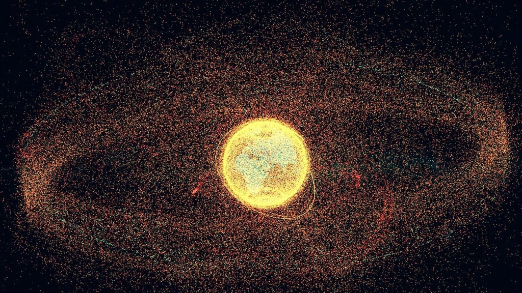 Diese Modellierung der Europäischen Weltraumorganisation (ESA) zeigt  das Ausmaß von Weltraumschrott-Objekten und aktiven Satelliten, die um die Erde kreisen, mit Stand August 2024. 