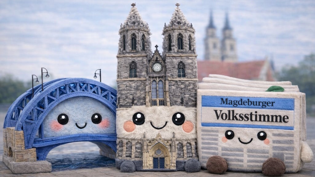 Dieses Bild wurde mit KI erstellt: Die Sternbrücke, der Dom und die Volksstimme als Plüschtiere. Die Magdeburger hatten aber noch mehr Ideen. 