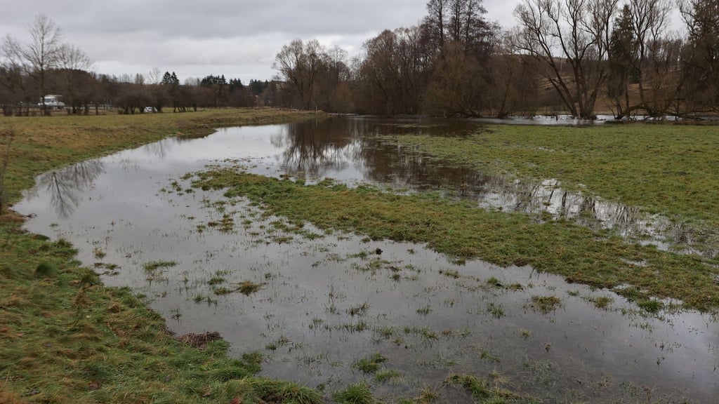 Im Dezember 2023 waren Wiesenflächen im Oberharz bei Tanne überspült, die Warme Bode hatte die Meldegrenze überschritten. (Archivbild)