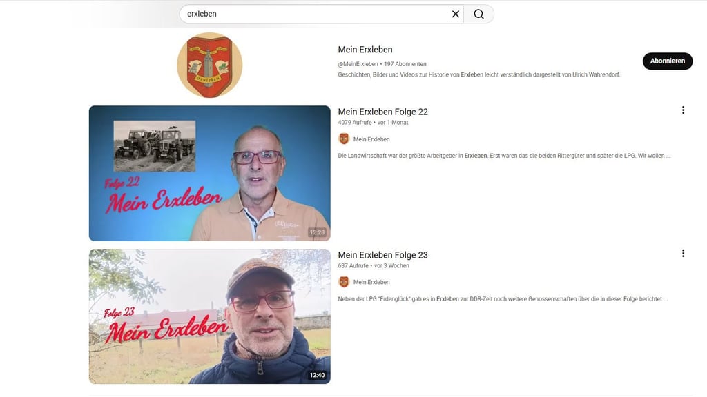 Was ist zu finden, wenn Nutzer „Erxleben“ auf Youtube eingeben?