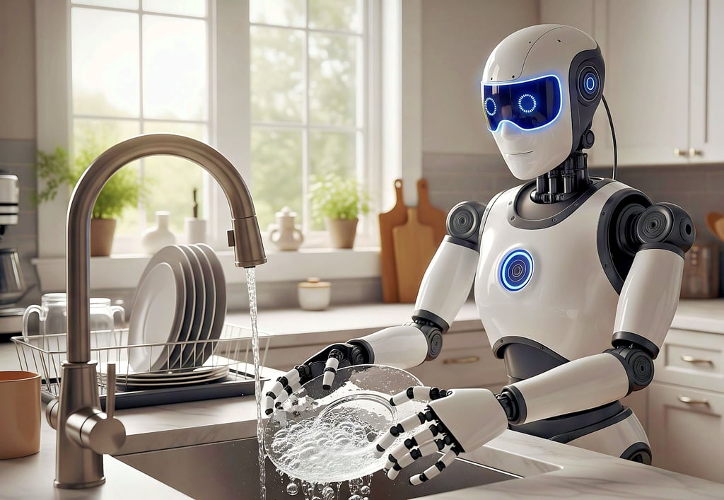 Hilfe im Haushalt: In zehn Jahren sollen immer mehr humanoide Roboter, wie hier auf diesem  KI-generierten Bild, Menschen auch Arbeit zu Hause abnehmen.