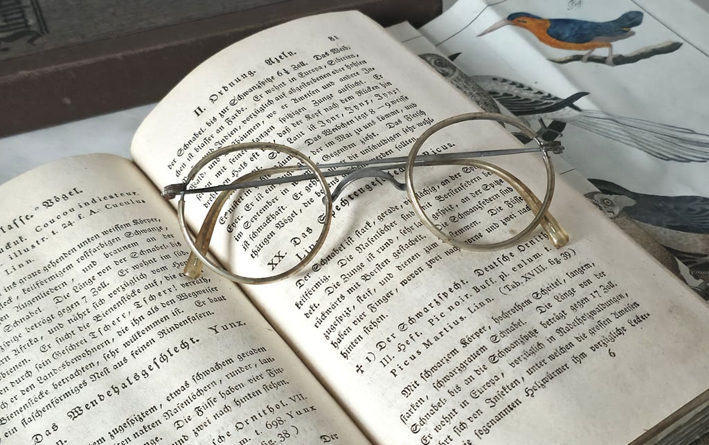 Die Gardelegener Fotofreunde mit dem Foto des Monats Februar zum  Thema Alt: Ein interessanter Ansatz - ein Buch in altdeutscher Schrift über Vogelkunde und dazu eine alte Brille.