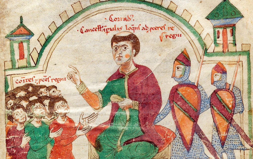  Konrad von Querfurt (hier in der  Bilderchronik des Petrus de Ebulo um 1195/97) war Kreuzfahrer und Kanzler unter Kaiser Heinrich VI.