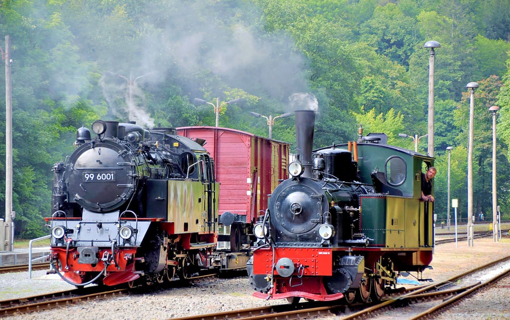 Bahnhof Eisfelder Talmühle: Die Hoya und Ballerina sind aus Gernrode angekommen zum Wasser nehmen und bekohlen.