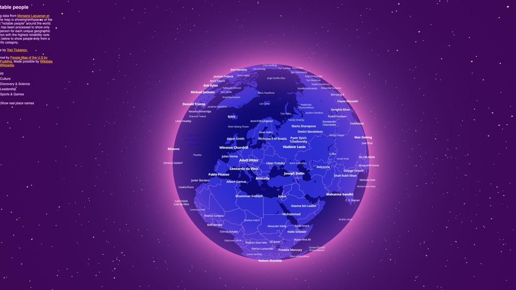 Auf den Spuren von Pablo Picasso, Mahatma Gandhi und Co: Um nach bekannten Persönlichkeiten und ihren Geburtsorten Ausschau halten zu können, lässt sich der Erdball beliebig rotieren und zoomen.