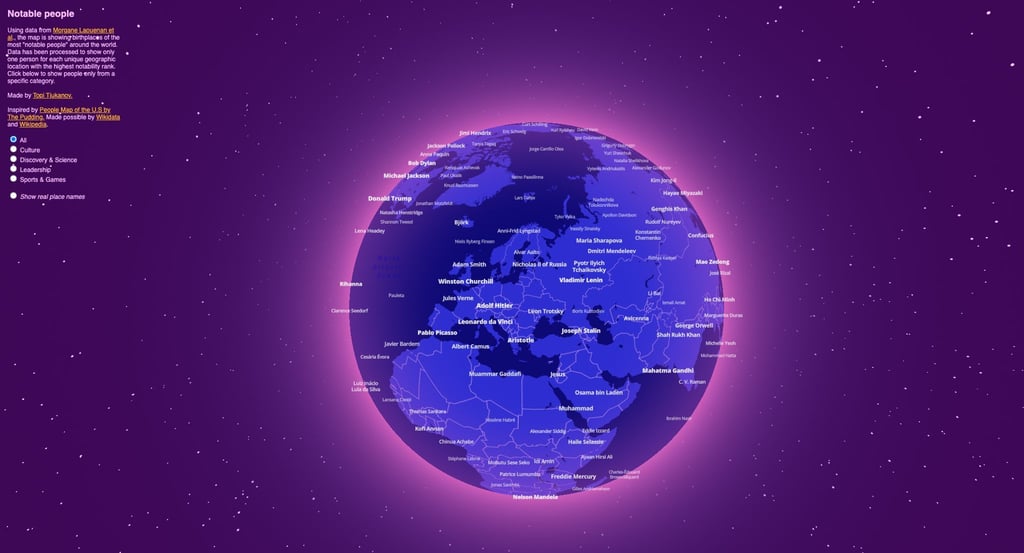 Auf den Spuren von Pablo Picasso, Mahatma Gandhi und Co: Um nach bekannten Persönlichkeiten und ihren Geburtsorten Ausschau halten zu können, lässt sich der Erdball beliebig rotieren und zoomen.