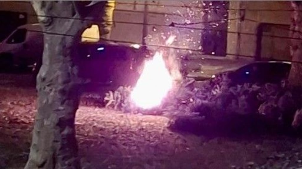 Am Landesmuseum brennt ein Weihnachtsbaum am Sammelplatz.