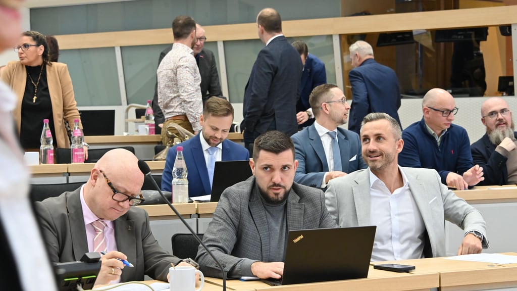 Debatte um Vetternwirtschaft im Landtag von Sachsen-Anhalt. Blick in die erste Reihe der AfD-Fraktion: Oliver Kirchner, Tobias Rausch, Ulrich Siegmund (v.l.) 
