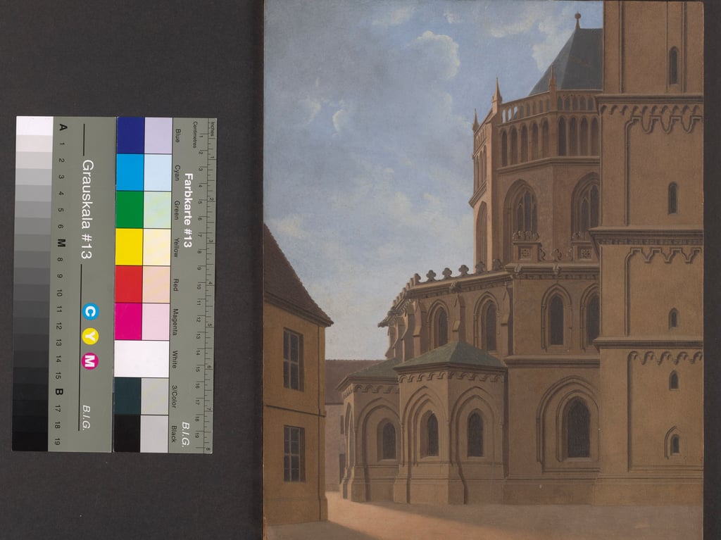 Magdeburger Dom: Ansicht des Ostchores von Norden mit Walmdächern des Bischofsgangs von Carl Georg Adolph Hasenpflug.