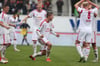 Im Bild: Schlussjubel RB Leipzig. V.l.: Joshua Kimmich, Fabian Franke (hi.), Daniel Frahn und Tim Sebastian.