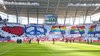 „Love, Peace and Rasenball”: Choreografie der Fans von RB Leipzig vor dem Spiel gegen Bayer Leverkusen.