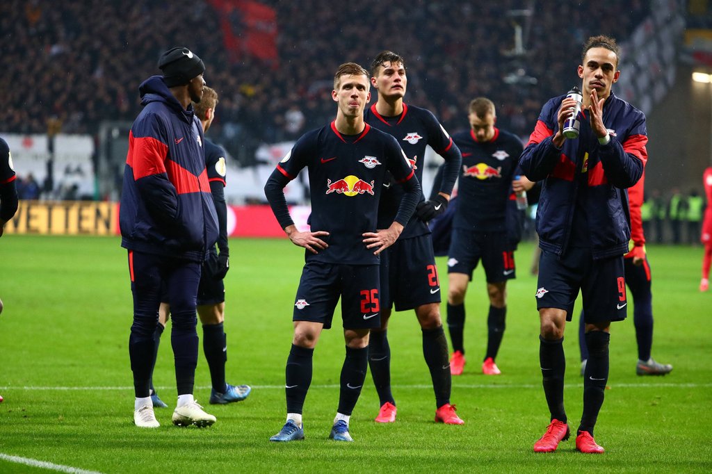 Kaum zu glauben: Olmo, Schick und Poulsen (v.l.) nach dem 1:3 in Frankfurt.
