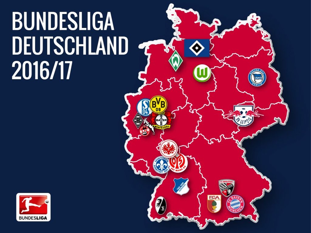 Die Landkarte der Deutschen Fußball Bundesliga in der Saison 2016/17.
