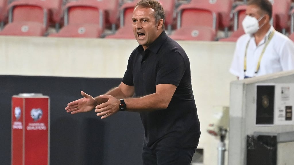 Bundestrainer Hansi Flick engagiert an der Seitenlinie.