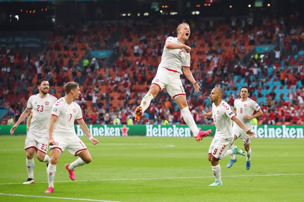 Mandatory Credit: Photo by Paul Greenwood/BPI/Shutterstock (12169915bs) Kasper Dolberg of Denmark celebrates his 2nd go