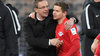 Dominik Kaiser und Ralf Rangnick sind überglücklich nach dem Sieg von RB Leipzig gegen Bayer 04 Leverkusen.